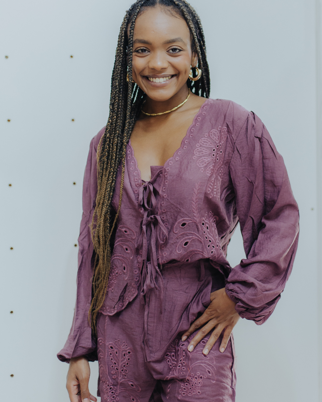 Conjunto roxo em laise com amarração